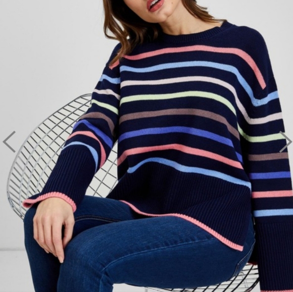 Gap Navy Blue & Stripe Cotton 24/7 Split Hem Oversized Pullover Sweater NEW! - Picture 2 of 10